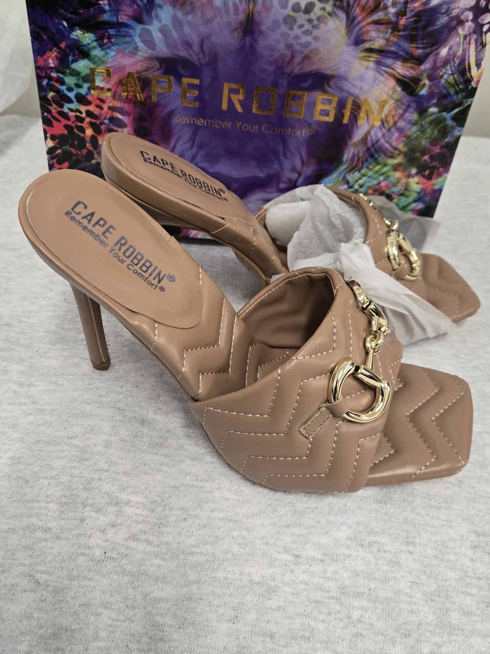 Cape Robbin Taupe Quilted High Heel Mules with Gold Chain Accent